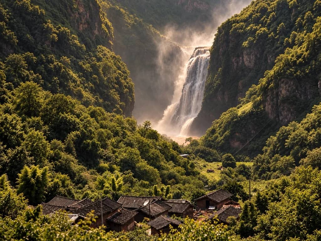 Traditional village houses and a majestic waterfall in a lush mountain valley