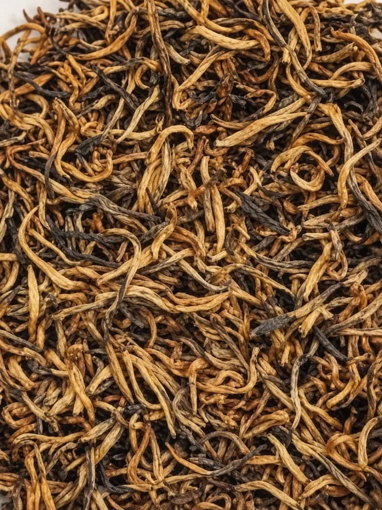 Slender golden and dark downy Jin Jun Mei tea buds in close up
