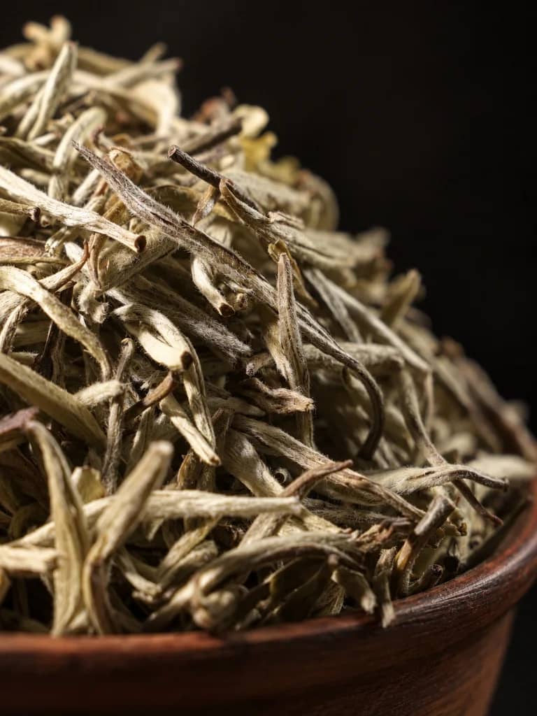 Silvery white tea buds in an earthy bowl