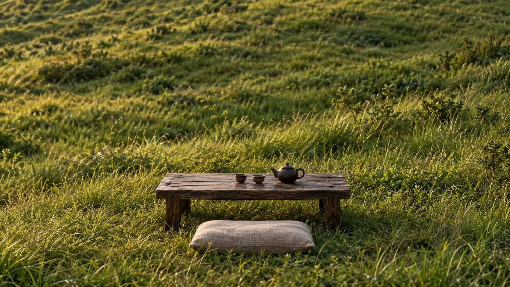 A low wooden tea table and ceramic teapot on a quiet green hillside