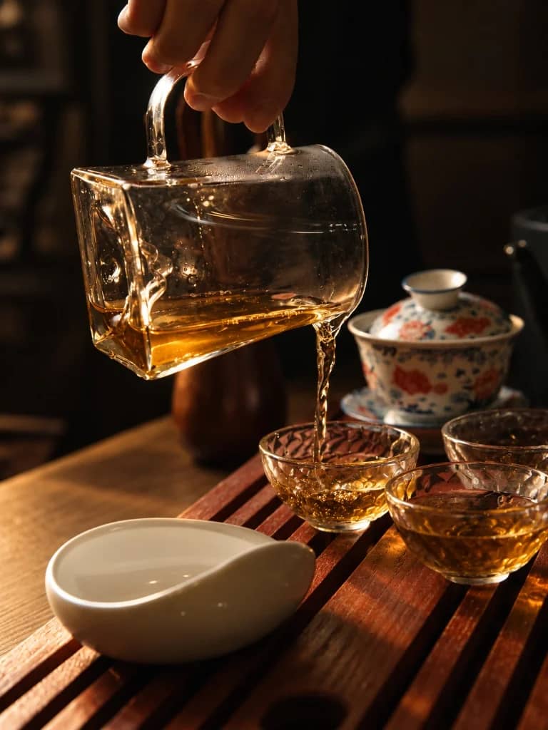 Oolong tea being poured into a tasting cup
